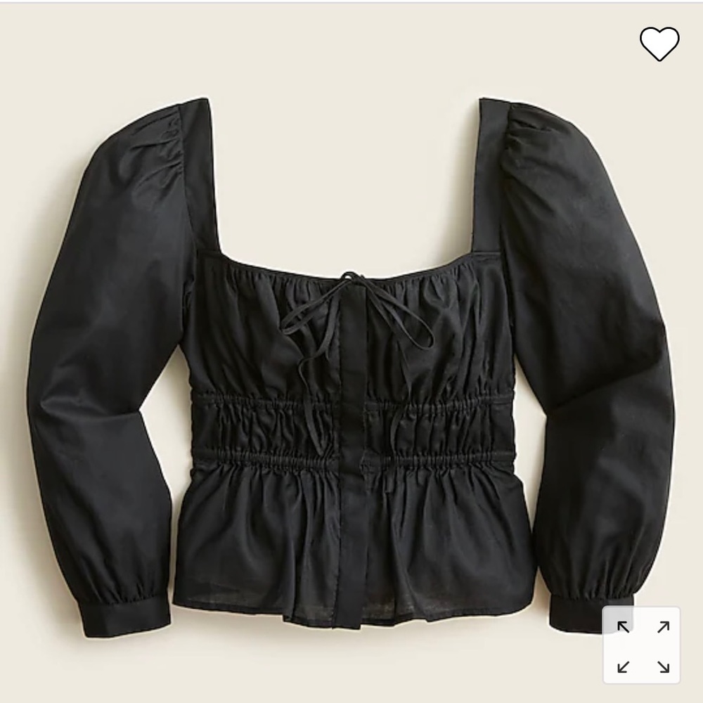 J Crew Cinched Waist Top Herringbone Cotton Black Square Neck Fit Flare